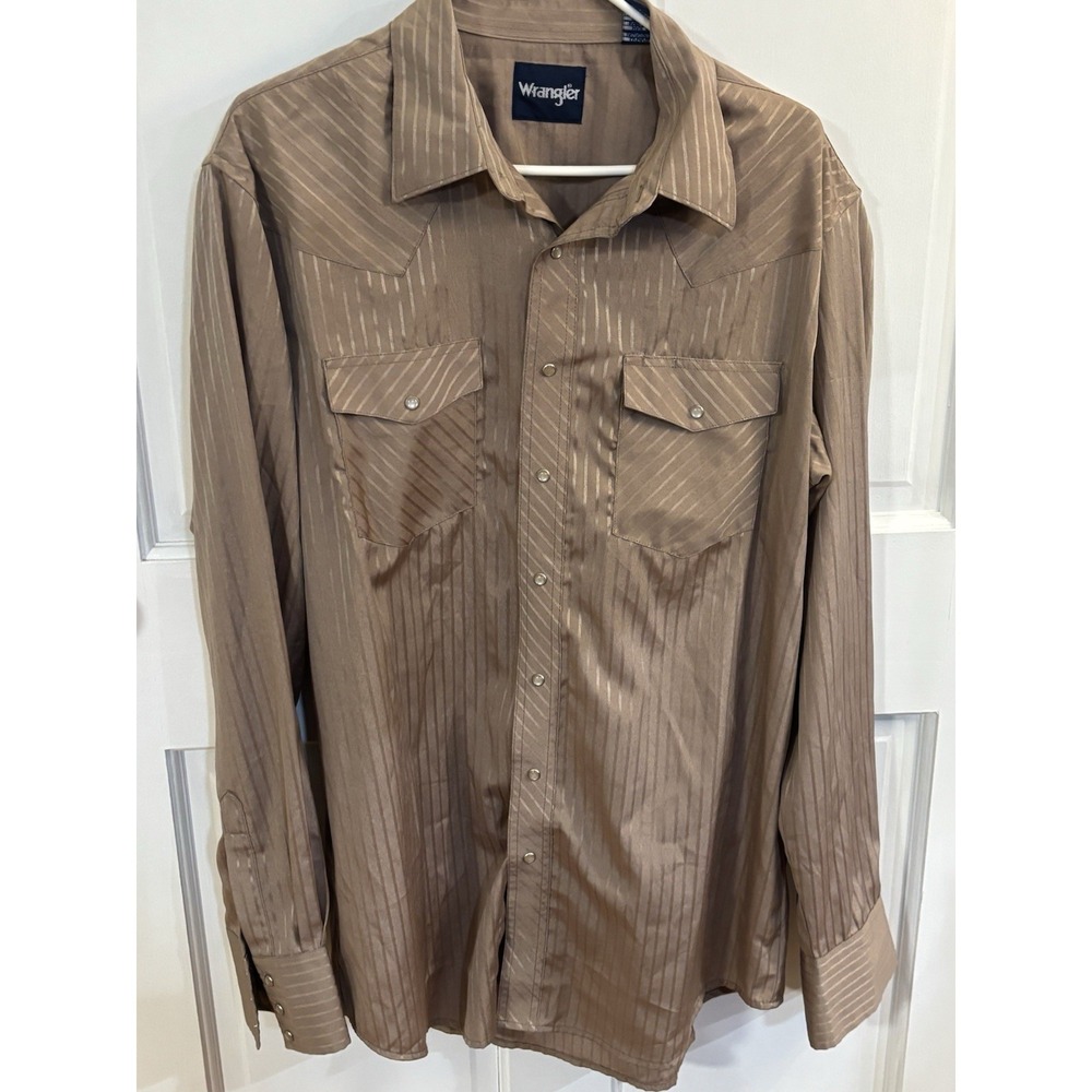 Wrangler Western Shirt‎ Men's L Satin Brown Gold Striped Pearl Snap Cowboy Rodeo